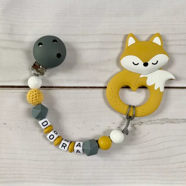 Teething Necklace Ring with Name Dummy Chain Silicone fuchs Grey Mustard Yellow