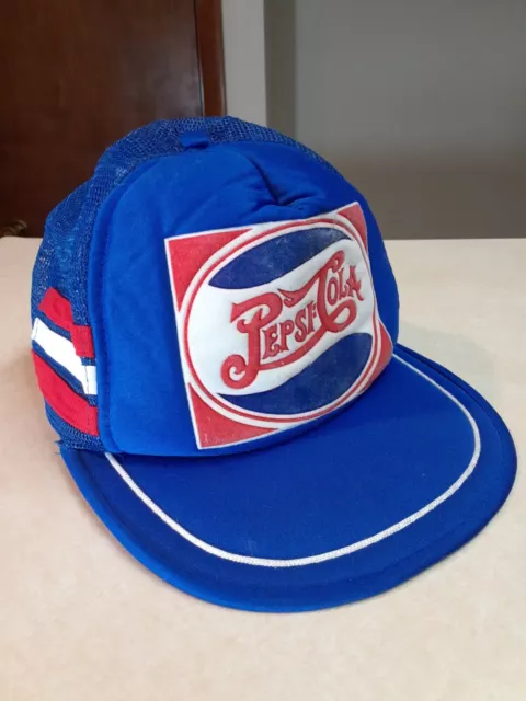 Vintage Pepsi Cola Hat Three 3 Stripe Blue Snapback Mesh Trucker Hat
