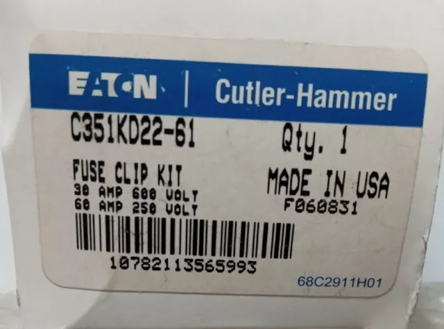 Eaton Cutler-Hammer Fuse Clip Kit 30a 600V /60a 250V C351KD22-61 2