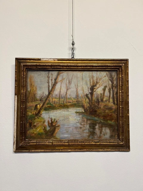Pintado, Figura Clásica De Paisaje Laguna Lombardo, Aceite Cartulina