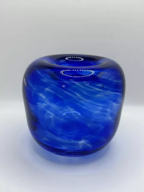 Vintage Hand Blown Cobalt Blue Swirled Glass Apple Shape Bud Vase Small 4” MCM
