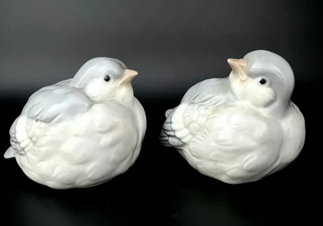 Set of 2 Otagiri Doves Puffy Bird Blue Grey White Porcelain Figurines Japan 4 in