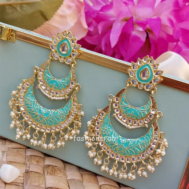 Indian Bollywood Style Sea Green Enamel Kundan Chandbali Earrings for Wedding