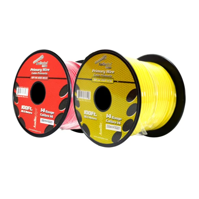 Carrete de cable remoto de alimentación a tierra primaria Audiopipe (2) 14ga 100 ft CCA rojo y amarillo