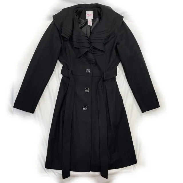 CANDIE'S FRILL COLLAR Wool Trench Coat Size Small Black Belted Button ...