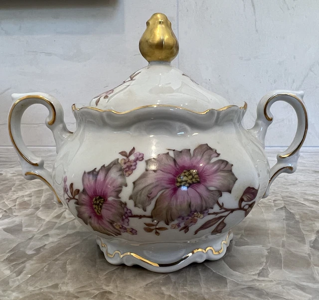 Vintage Mitterteich Bavaria China - Sugar Bowl with Lid - Dogwood Pattern