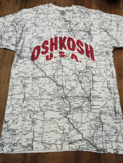 Vtg OshKosh Wisconsin Shirt L White All Over Print Road Map USA Single Stitch