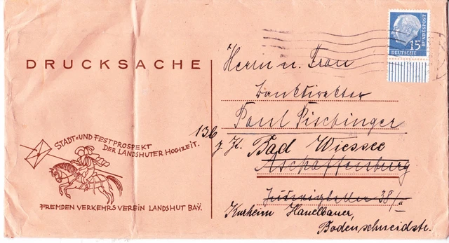 Bund Heuss I, 15 Pf, Mi. 184 Einzelfrankatur mit Unterrand auf Drucksache Brief
