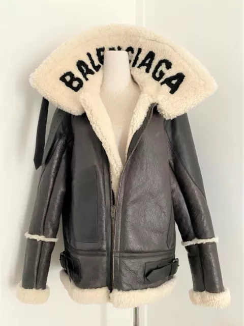 Balenciaga Le Bombardier unisex brown leather shearling jacket for coat parka