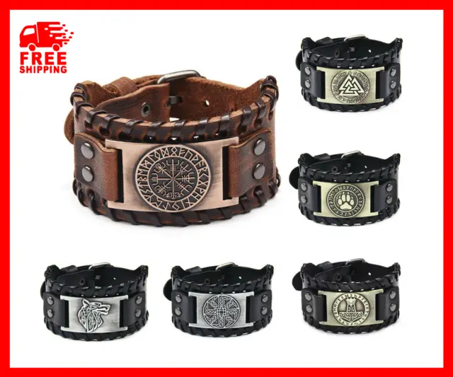8 Style Norse Viking Wolf/Vegvisir/Valknut Rune Leather Cuff Wristband Bracelet