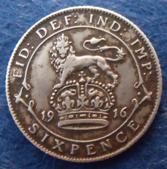 1916 GEORGE V SILVER SIXPENCE  ( .925 Silver )  British 6d Coin.   510