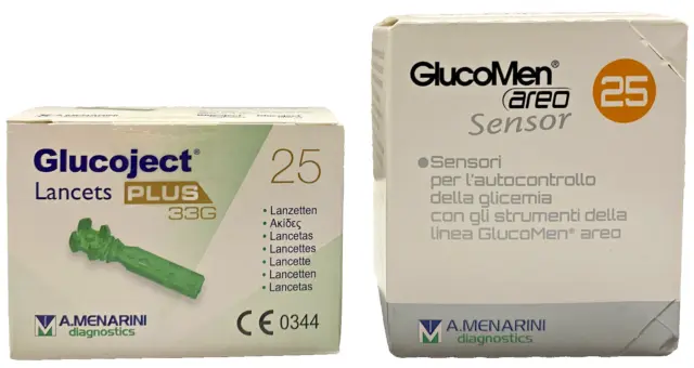 25 GlucoMen areo Sensor + 25 Glucojest Lancets PLUS 33G A. MENARINI