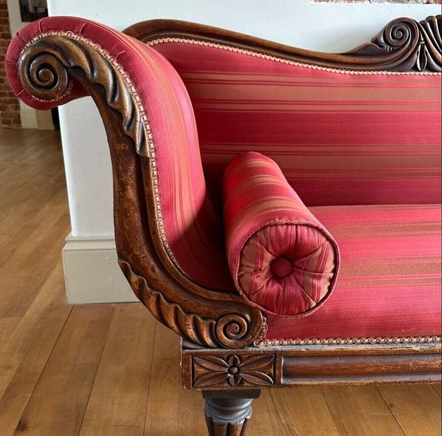 Regency scroll end Sofa statement piece, antique in dark pink regency stripe 2