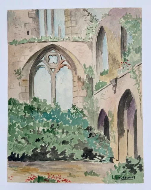 Aquarelle Sur Papier Par Du Chesnay Paysage Eglise Cadre Dore Fin Xix Eme H3670