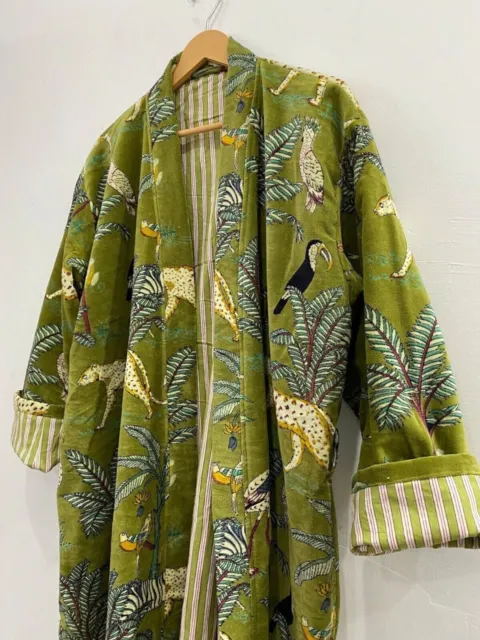 Abiti kimono in velluto con stampa giungla verde, cappotto in velluto per...