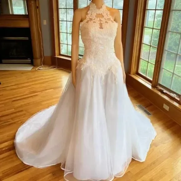 White Halter Tulle Beaded Lace Wedding Full Ball Gown Bridal Dress Size 8