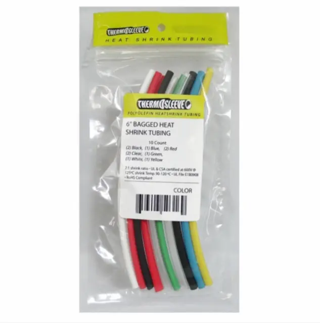 6" x 3/8" 10PC/Color Bagged Polyolefin Heat Shrink Tubing 2:1 Shrink Ratio