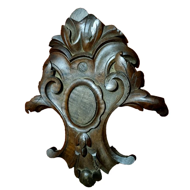 Scroll leaf crowned wood carving pediment - Antique French architectural salvage