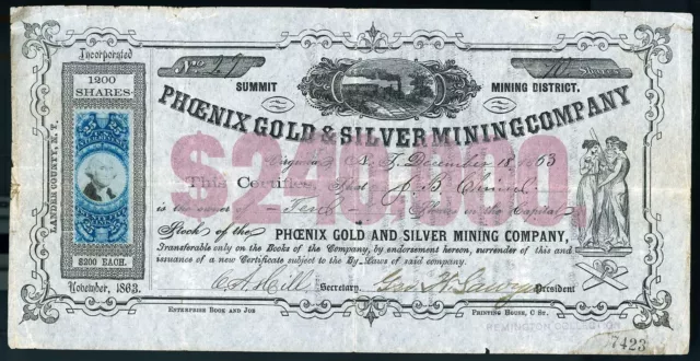 NEVADA Phoenix Gold & Silver Mining Co stock certificate Summit District 1863