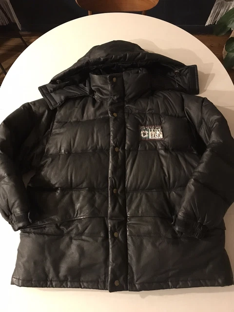 Vintage Black Leather Down Puffer Jacket XXL 80s Basic International