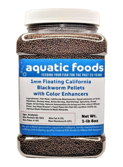 1 mm FLOATING California Blackworm Pellets with Color Enhancers & Vitamins. JAR