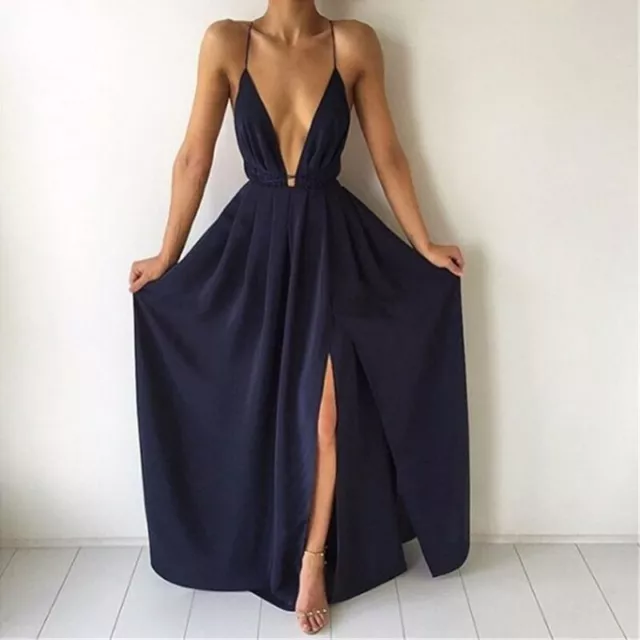 Sexy Vestido Largo De Verano Para Mujer Sólido V Profundo Sin Mangas Maxi Fiesta