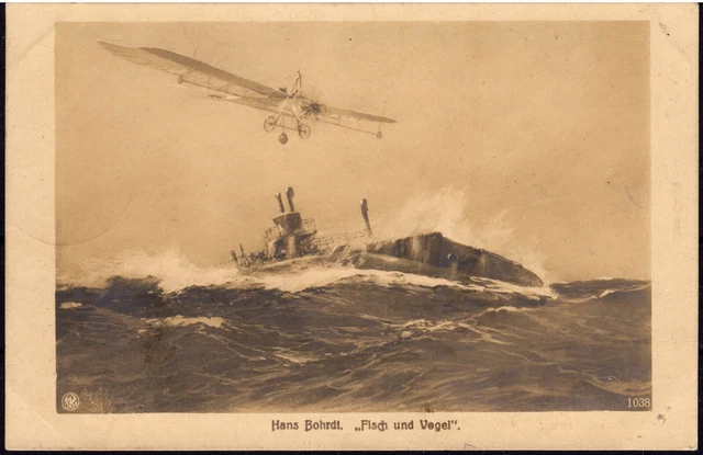 Künstler AK Feldpost 1915 Hans Bohrdt -Fisch und Vogel- U Boot Flugzeug Polar II