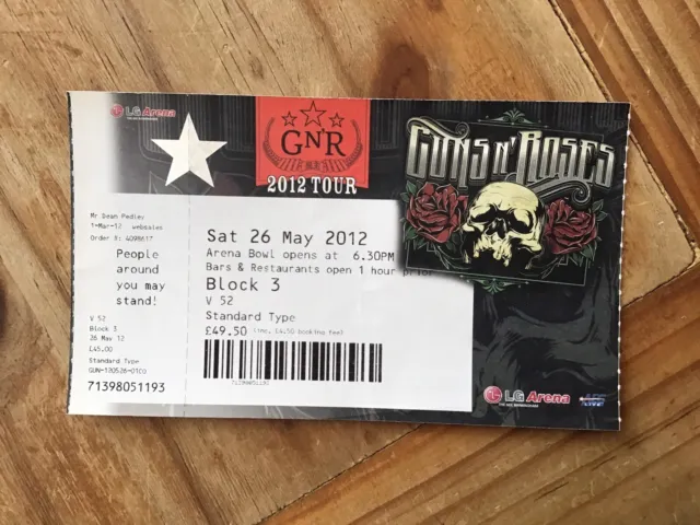 Guns N Roses Tour Ticket Stub Concert Birmingham LG Arena 26 May 2012 GnR