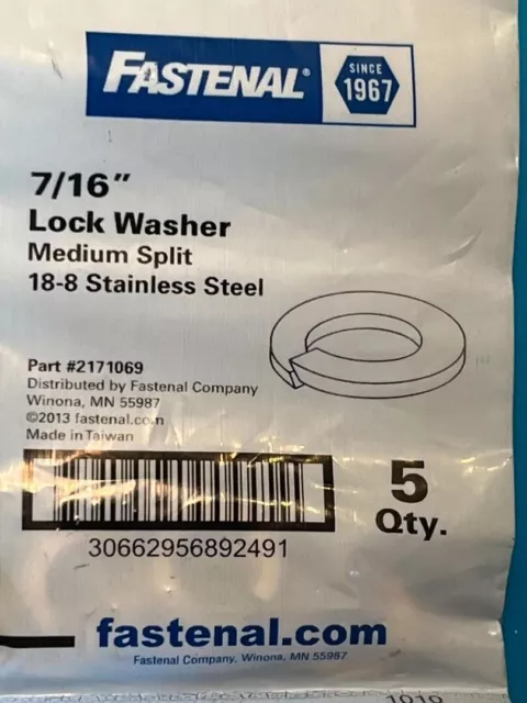 7/16 Lock Washer Medium Split GRD 18-8 Stainless Steel 5 Qty Going Nuts C25i