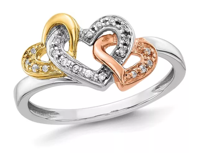 1/12 Carat (ctw) Diamond Triple Heart Ring in 14K White, Rose and Yellow Gold