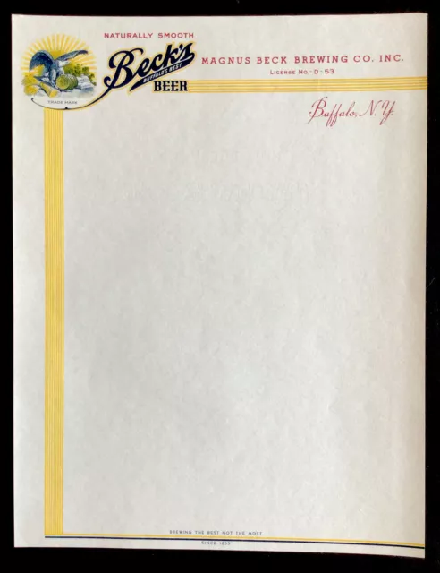 Vintage Letterhead Becks Beer Buffalo NY Magnus Beck Brewing Co Inc #b7