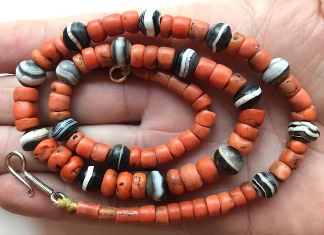 Rare Ancient Indo Tibetan Sulemani Agate Bead & Antique Ladakhi Coral Necklace Rare Ancient Indo Tibetan Sulemani Agate Bead & Antique Ladakhi Coral Necklace