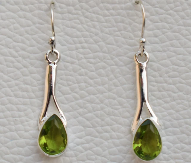 Green Peridot Earrings 925 Sterling Silver Dangle Teardrop Vintage Gift Earrings