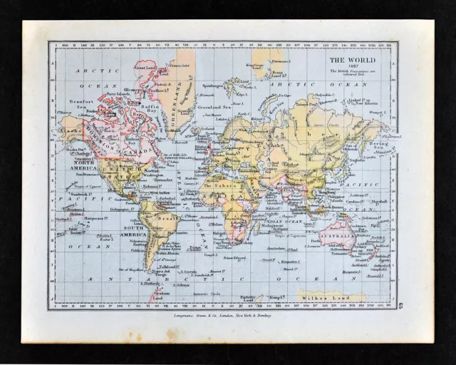 1892 World Map British Empire Canada Australia India Africa England Scotland