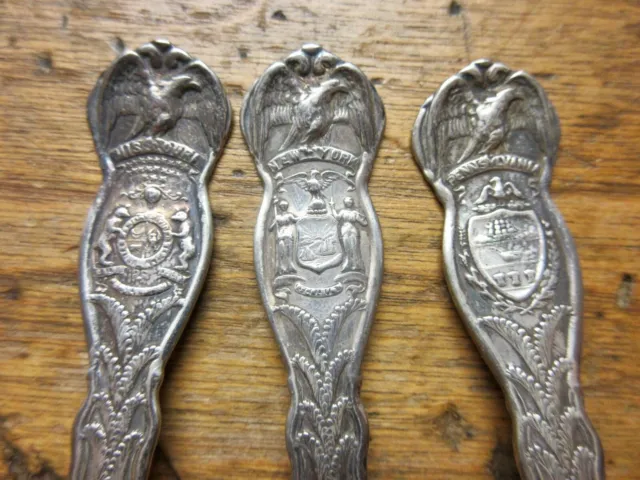 5 Commemorative Antique Silver Plate State Souvenir Spoons Mich Minn Mo NY Penn