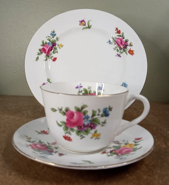 Antique Crown Staffordshire Bone China, Floral Sprays, Tea Cup, Saucer & Plate