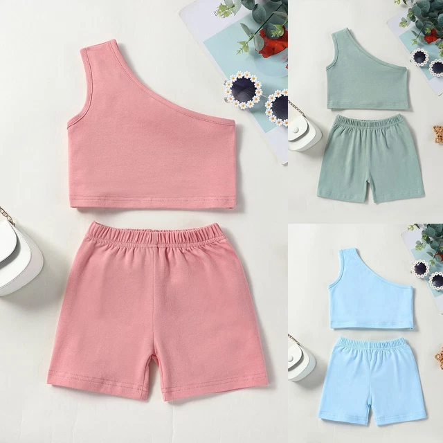 Little Child Girls Suit Solid Color Short Sleeved Suit One Shoulder Suspender