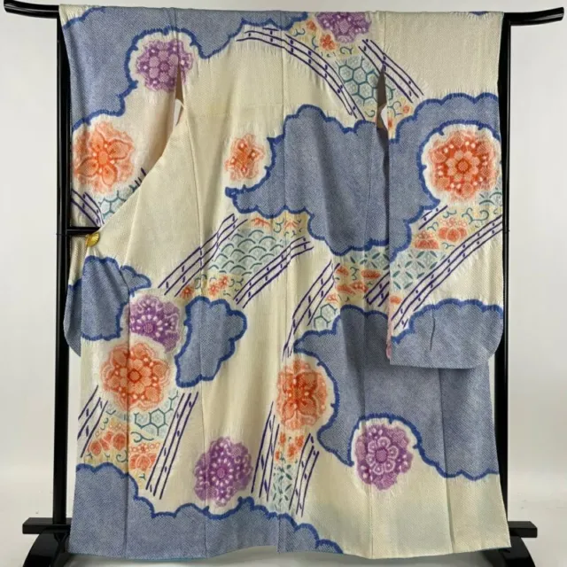 Japanese Kimono Furisode Pure Silk Flower Pattern Of Clouds Cream Color