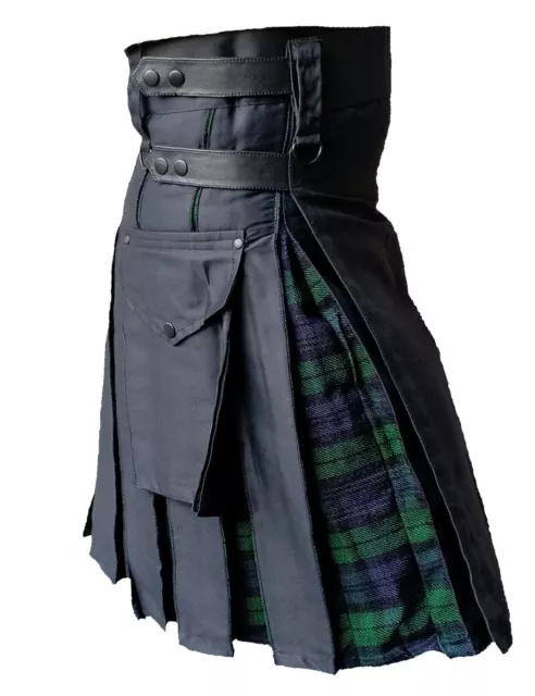 Uomo Hybrid Cinghie IN Pelle, Nero Cotone Con Black-Watch Tartan Utilità Kilt