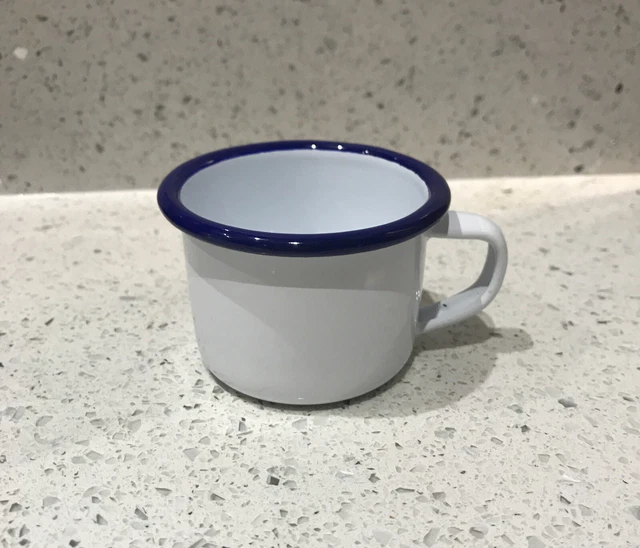 WHITE ENAMEL BLUE Rim Small Espresso Coffee Cups Mug X2 6cm £10.00