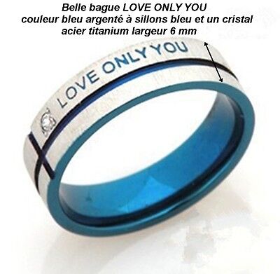 belle bague LOVE ONLY YOU bleu argenté à sillon bleu / 1 cristal largeur 8 mm .B