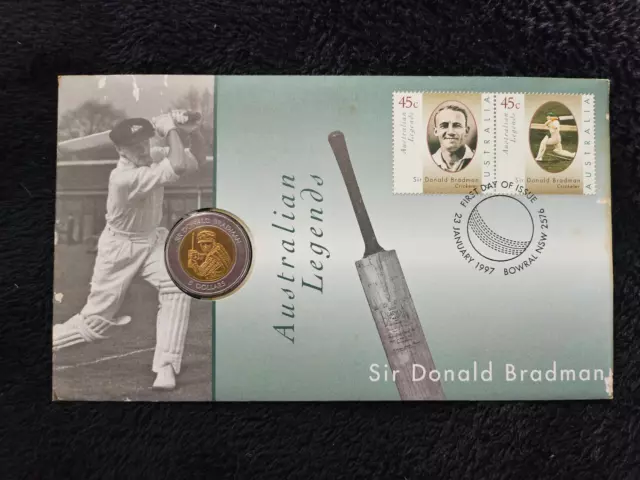 1997 Australian Legends Sir Donald Bradman $5.00 Coin and Stamps Australia Post