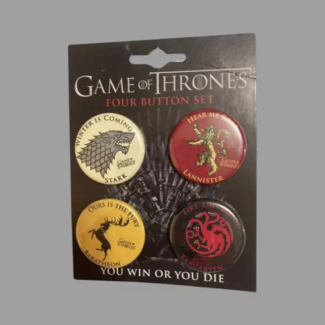 GAME OF THRONES Four Great Houses 4 Piece Button Set - YOU WIN OR YOU DIE HBO