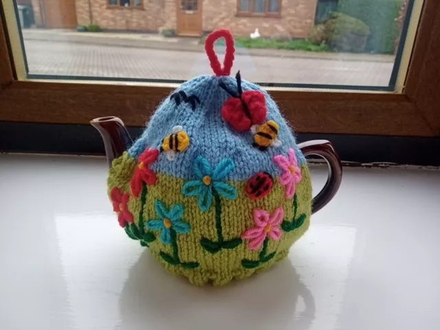 Hand Knitted Tea Cosy For Small Teapot - Flower Garden