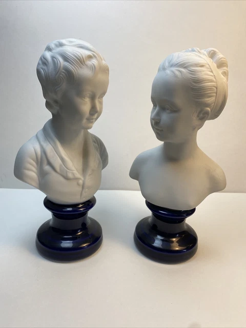 Limoges Porcelain Bisque Busts Girl & Boy Early 20th Century France, Pair 7.5” 3