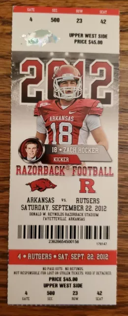 Arkansas Rutgers Football Ticket 9/22 2012 Zach Hocker Photo Gary Nova 5 TD Stub