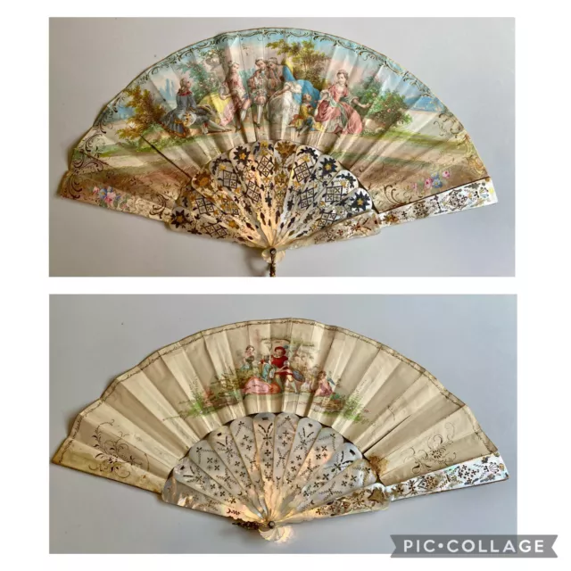 Antique FRENCH HAND PAINTED paper FAN ETCHED MOTHER OF PEARL 1800s