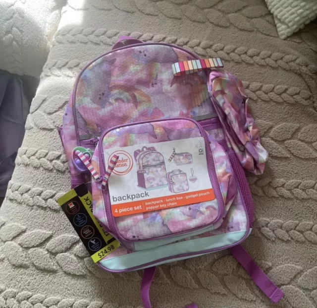 NWT Girls Rainbow Cats Backpack Lunchbox 4 Piece Set