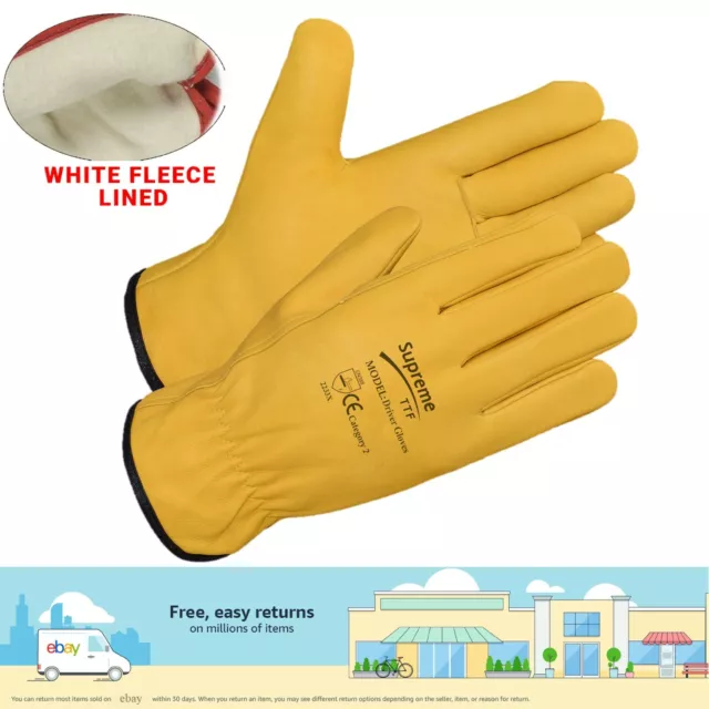 Premium Yellow Leather Driver Work Gloves Fleece Lined Lorry Truck Driving Glove