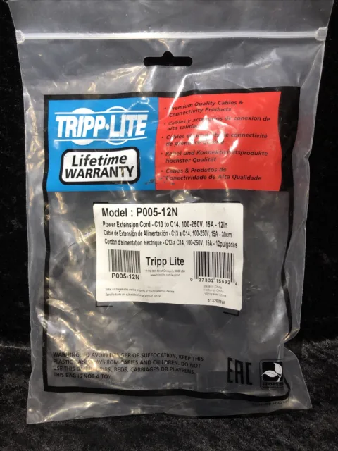 TrippLite Power Extension Cord 15A, 14AWG (C14 to C13) 1ft P005-12N - NEW